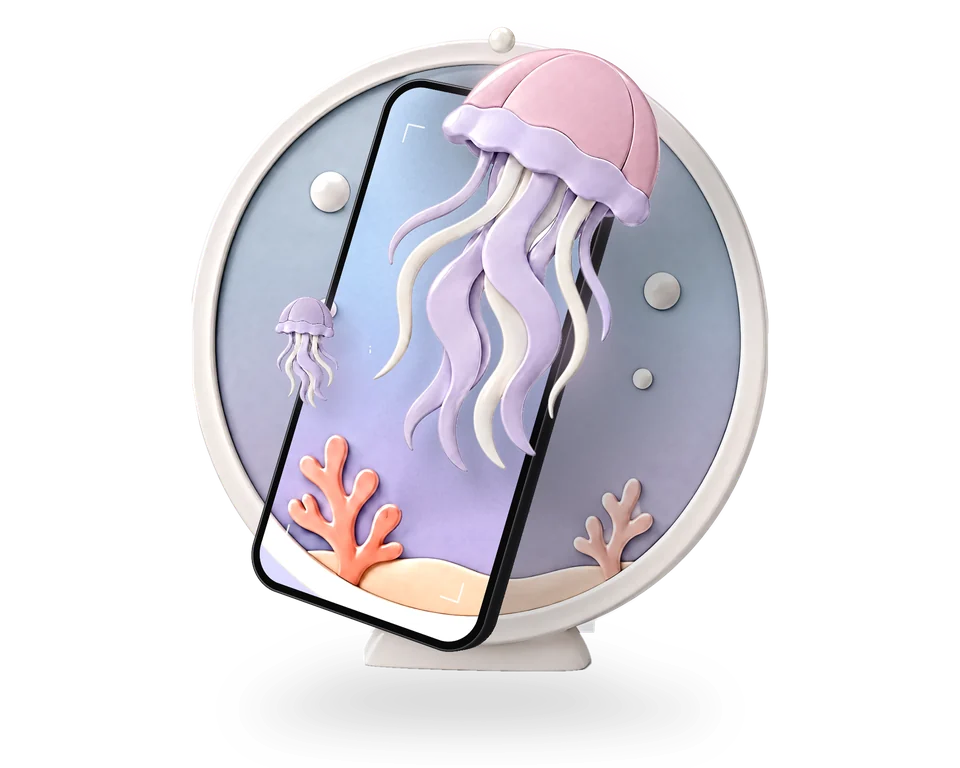 Illustration: a dark graphite phone held in front of a round framed print of a calm sea with corals; on the screen the sea is live and the jellyfish has left the print, drifting up out of the phone with a small jellyfish and bubbles