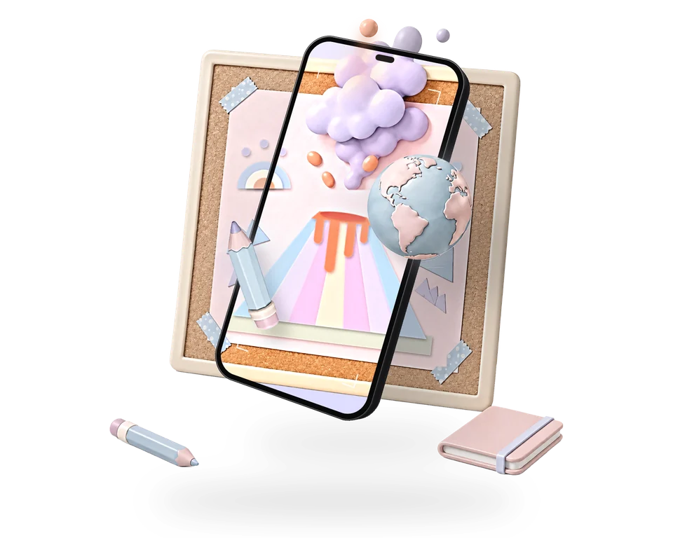 Illustration: a dark graphite phone held well in front of a student's volcano poster on a cork board; on the screen the paper volcano comes alive and a 3D globe and a pencil come out of the phone