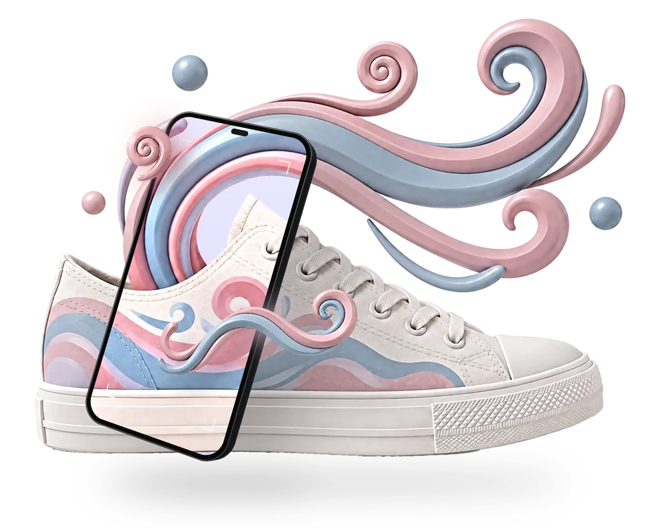 Illustration: a dark graphite phone held well in front of a pastel canvas sneaker; on the screen the painted swirls come alive and pink and blue satin ribbons and curls flow out of the phone into the space in front of the shoe