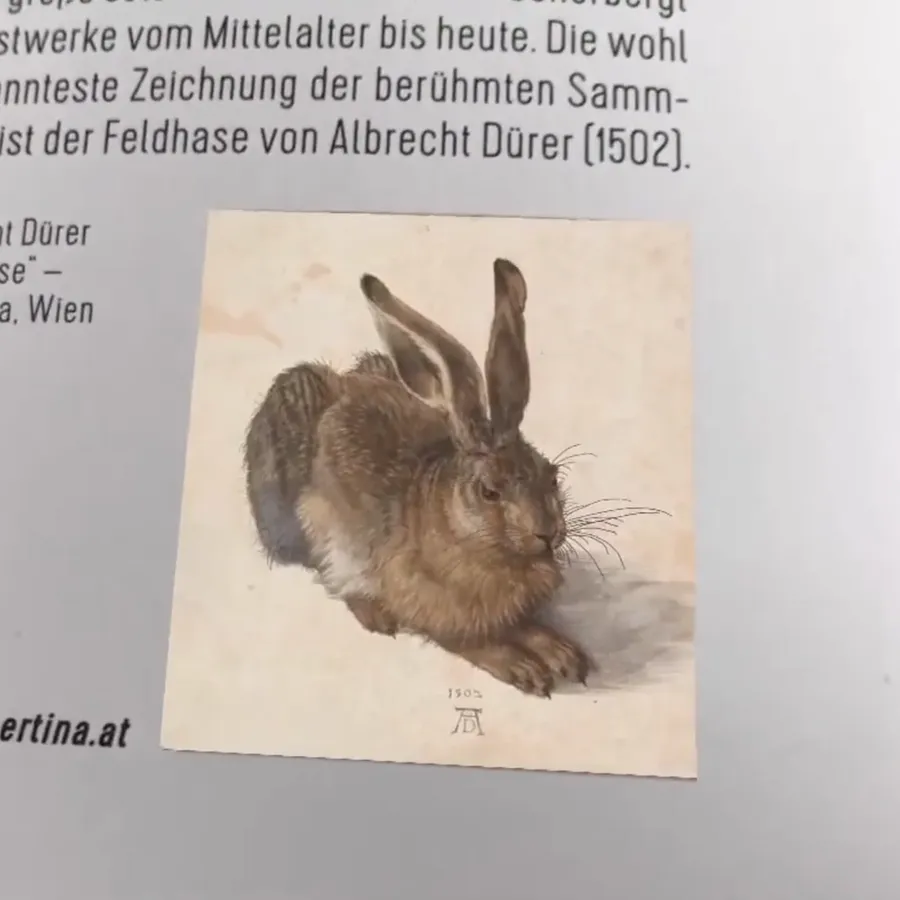 Dürer's Young Hare printed on a page; through the phone the drawing comes to life, zooms into the hare's eye and opens into Dürer's studio