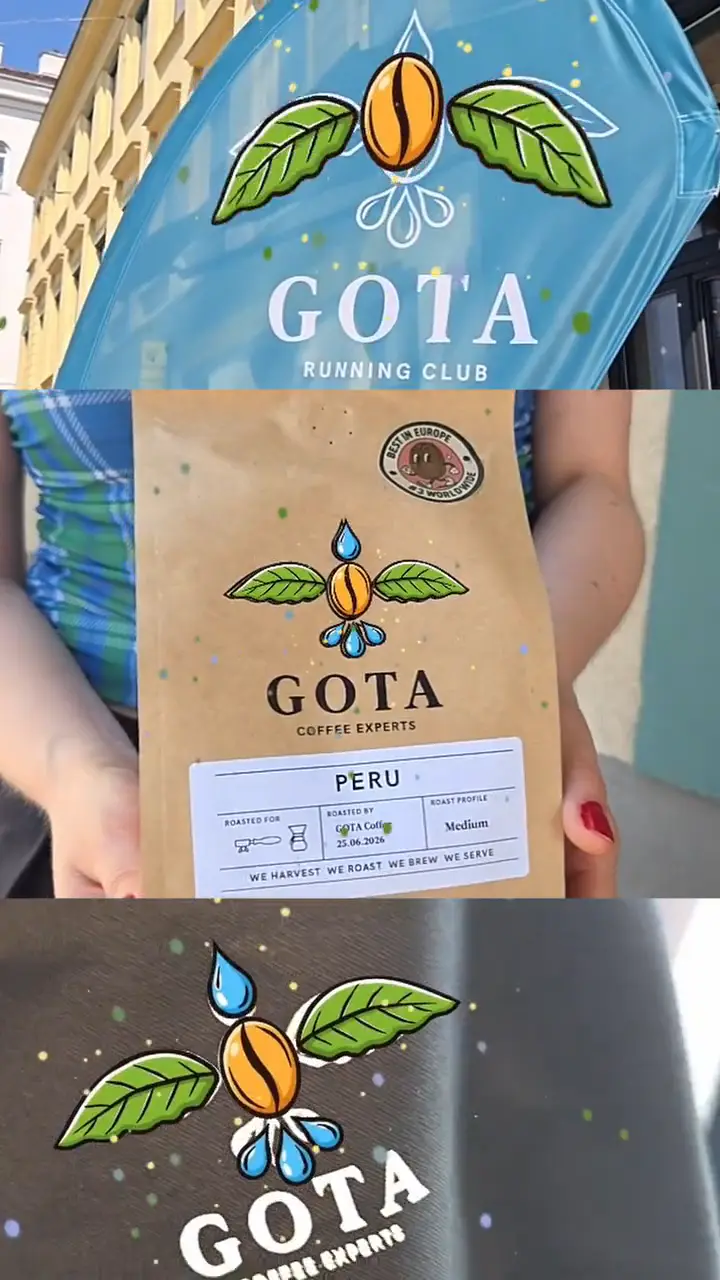 White label WebAR under a client's own brand: the Gota Coffee logo comes alive on an apron, a bag and a running shirt, and the experience opens on gota-coffee.com