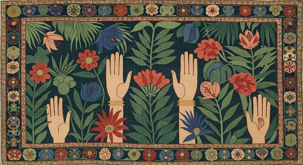 Ancient Surfaces by Ahmet Rüstem Ekici: a woven carpet of green leaves, red and blue flowers and four raised hands