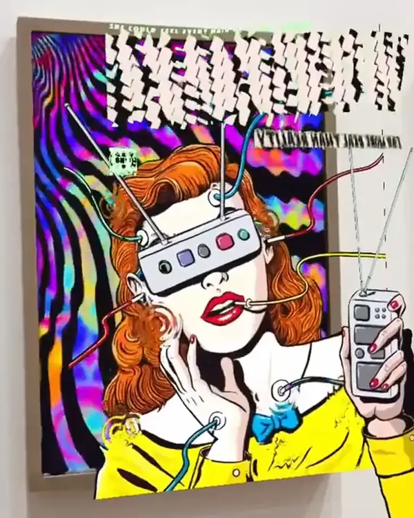 A comic canvas by Michaela Konrad at Albertina Modern with its AR layer playing: rainbow stripes behind a woman in a visor