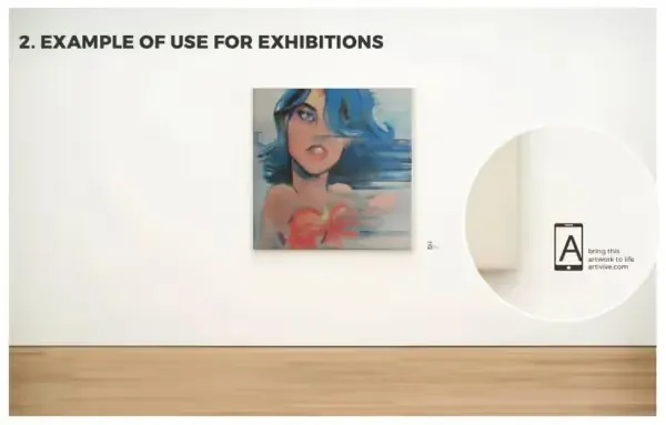Example of use for exhibitions: a painting on a gallery wall with a small Artivive sign beside it