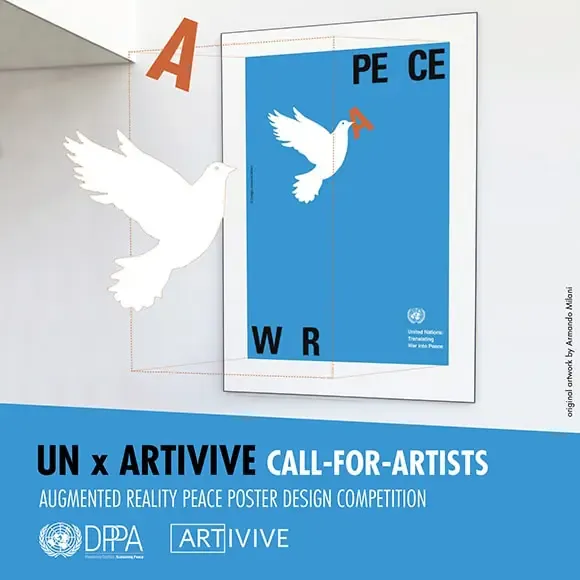 UN x Artivive call for artists: a peace poster on a wall with a dove flying out of it in AR, peace poster design competition